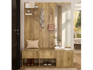 Meuble d'entrée avec miroir, 5 crochets, 2 tiroirs, porte et niches pour hall, décor bois, 120 × 35 × 159 cm