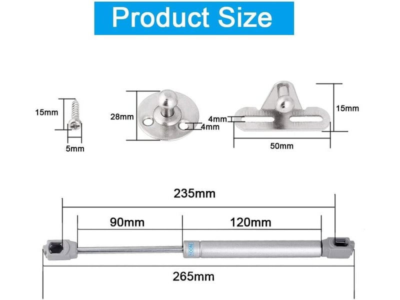  Pack de 4 amortisseurs hydrauliques à gaz de 100n, mécanisme d'élévation pour les portes de meubles et les boîtes de jouets  - Conforama B