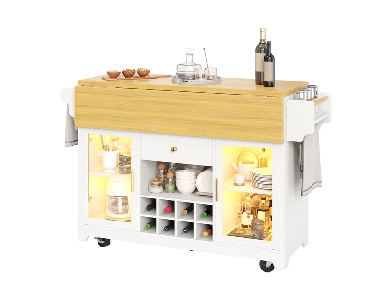  Desserte de cuisine avec plateaux rabattables, étagères réglables, led et roulettes en mdf pour cuisine et salon  - Conforama A