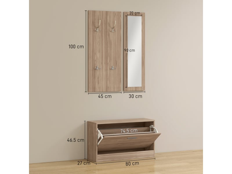  Ensemble entrée 3 pièces : banc à chaussures, porte-manteau mural et miroir, armoire bois, 80×27×46,5 cm, marron foncé  - Conforama E