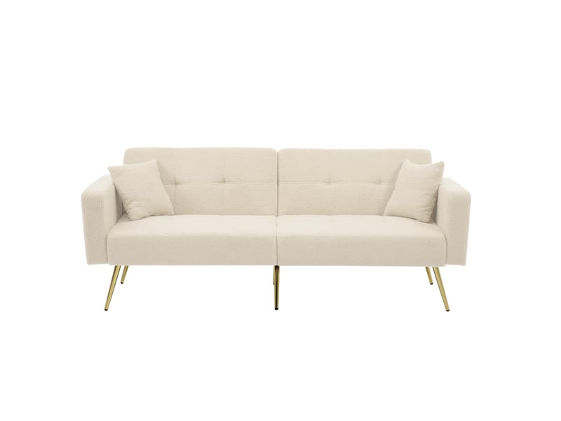 Canapé droit convertible 2 places en tissu bouclette beige, dossier réglable et poches latérales pratiques - Conforama A