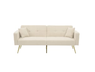 Canapé droit convertible 2 places en tissu bouclette beige, dossier réglable et poches latérales pratiques