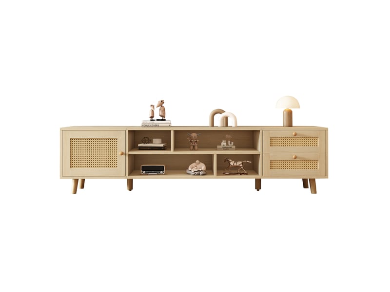  Meuble tv contemporain 160 cm bois et rattan – pour tv 70, 2 tiroirs, 1 porte, gestion des câbles, meuble bas salon  - Conforama A