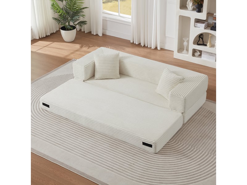  Canapé droit convertible 2 places 200 cm blanc, velours côtelé, mousse haute densité, couchage double Fay Lum - Conforama B
