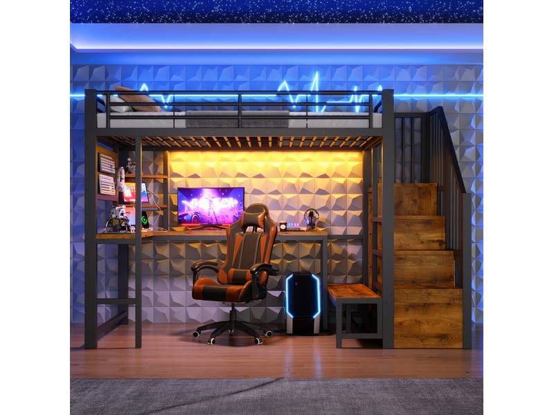 Lit mezzanine 90 × 200 cm 1 place avec bureau, étagères, led, usb et type-c, sans matelas, métal noir - Conforama C
