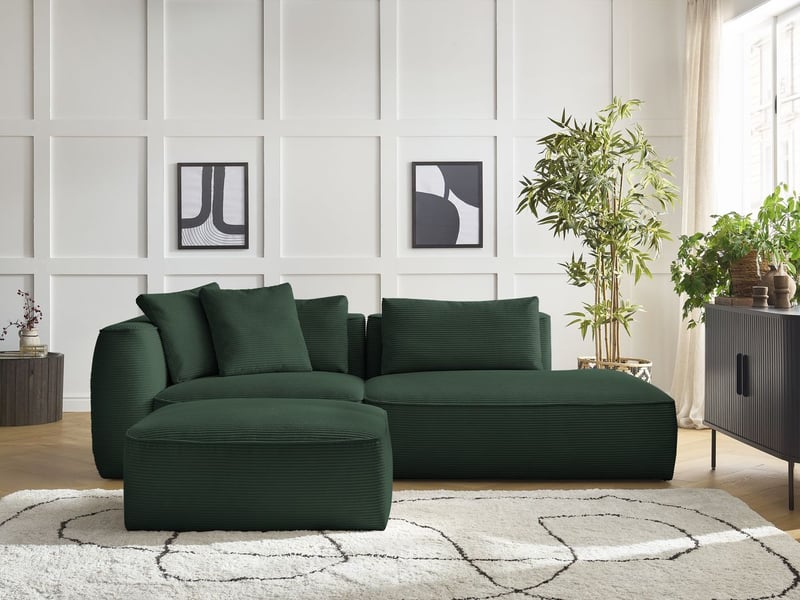 Bobochic canapé droit fixe 3 places leopold velours côtelé avec pouf vert foncé  accoudoir gauche LEOPOLD - Conforama C