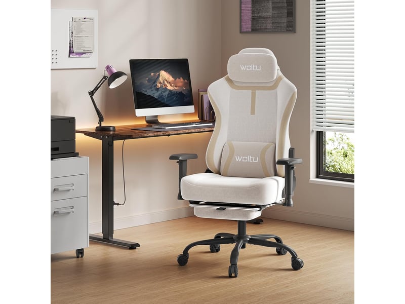  Chaise gaming, avec dossier inclinable appui-tête,repose-pieds rétractable, en maille, blanc crème  - Conforama B