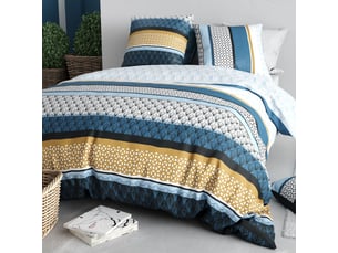 Parure housse de couette 260x240cm + 2 taies motif rétro bleu et jaune 100% coton - osyris