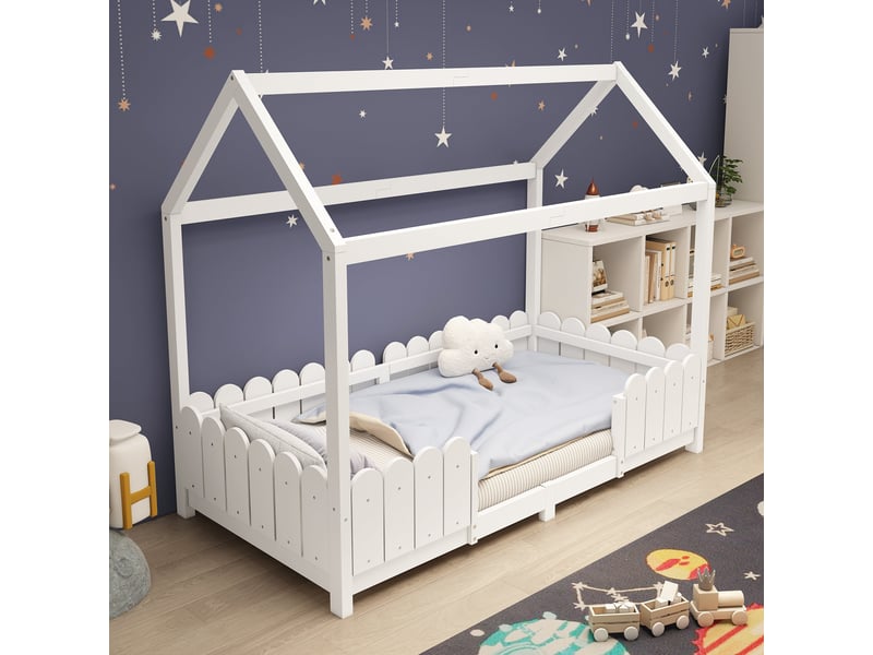 Lit cabane enfant 90x200 blanc avec barrière de sécurité et sommier à lattes bois massif pour chambre  - Conforama B