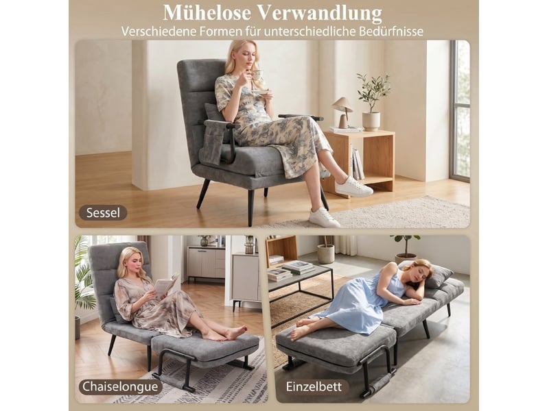  Fauteuil convertible 3 en 1 avec dossier réglable 5 positions et coussin lombaire en chenille et métal gris  - Conforama D