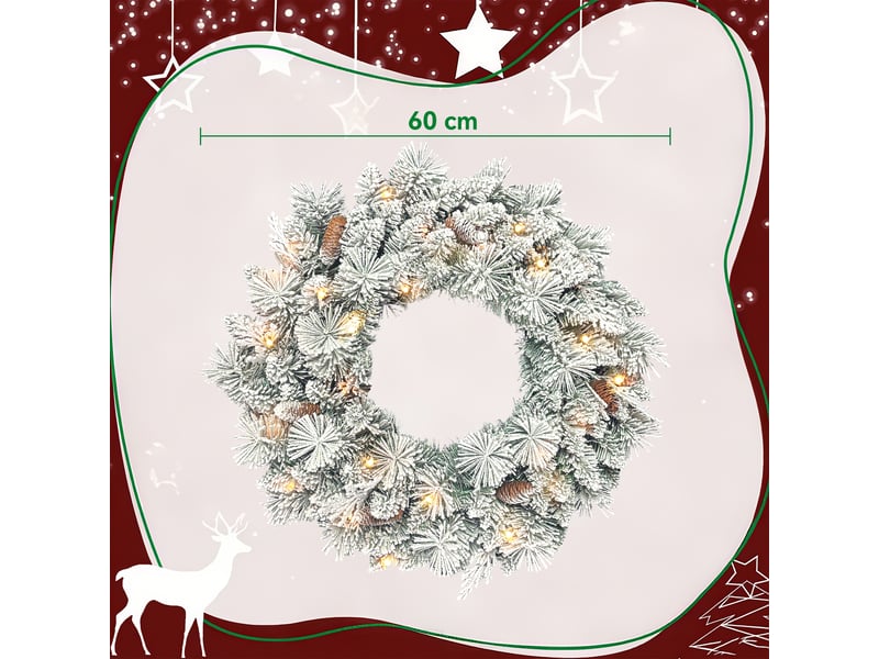  Couronne de noël lumineuse 60 cm avec 35 led blanc chaud, minuterie, pommes de pin, 98 pointes, vert et blanc  - Conforama C