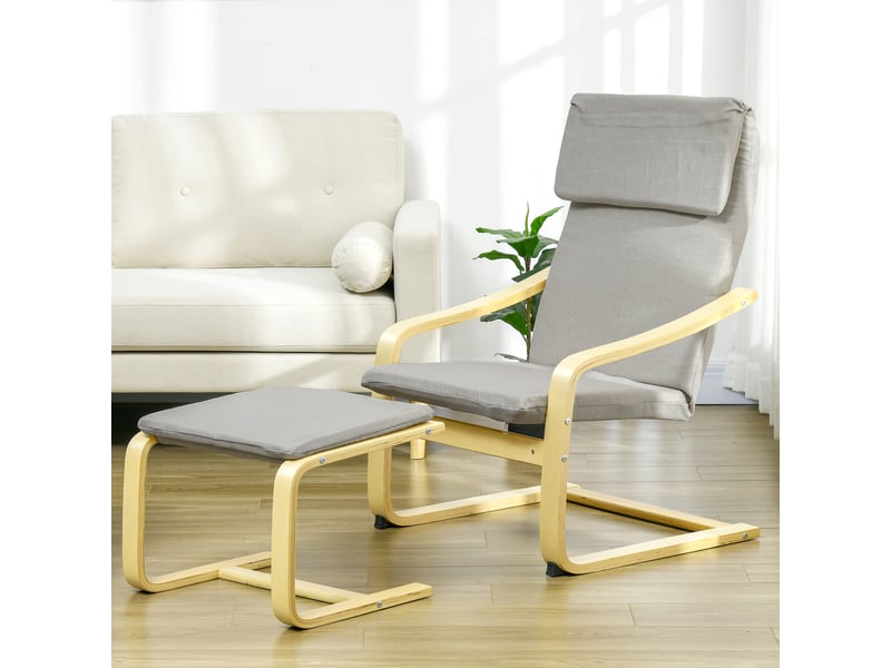  Fauteuil lounge avec repose-pieds, revêtement aspect lin, structure en bois, jusqu'à 120 kg, gris clairnaturel  - Conforama D