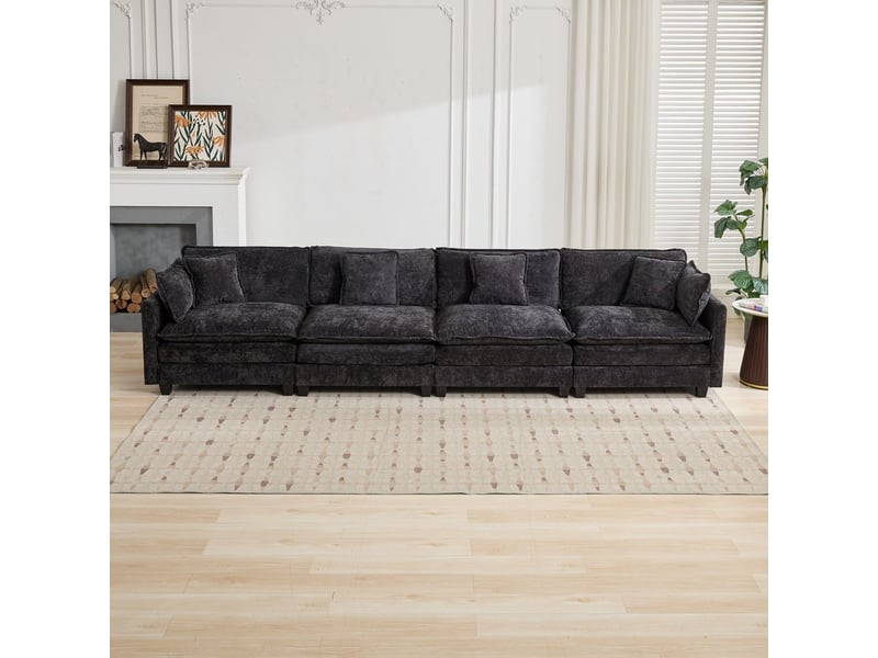  Canapé cloud 4 places moderne en tissu chenille noir double coussin rembourré  - Conforama E