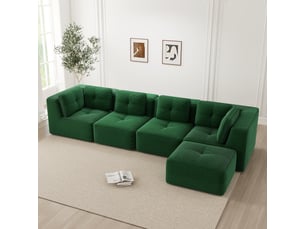 Canapé modulable, canapé 4 places – en velours tricoté, assise profonde, base antidérapante, vert, sans cadre, sans montage