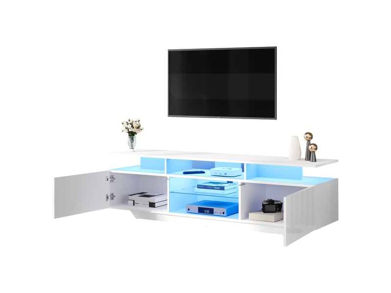  Meuble tv 160x40x50, avec 2 portes, rangement et éclairage led brillant meuble tv avec rangement  - Conforama C
