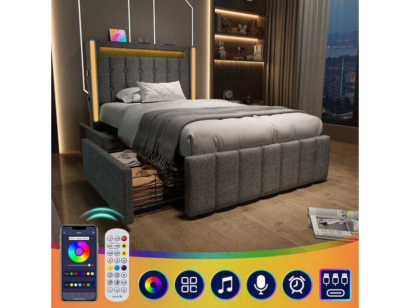  Lit rembourré - 90x200 cm - usb - led - 2 tiroirs - gris  - Conforama W
