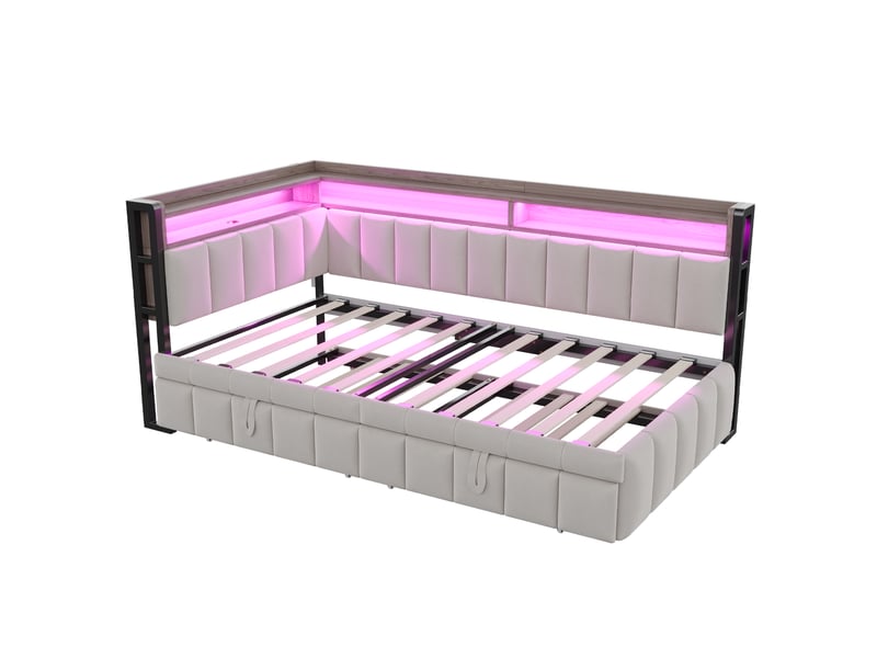 Canapé-lit 90 x 200 cm – avec lit gigogne – avec éclairage led – avec ports usb et type-c – gris clair (matelas non inclus) - Conforama R