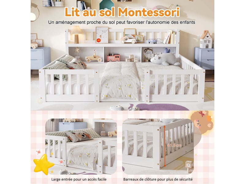 Lit enfant au sol 140 x 200 cm montessori avec barrières - tête de lit avec niches de rangement - sommier à lattes inclus - entrée ouverte basse - cadre de lit deux places ras du sol pour petite fille ou garçon pour chambre d'en… - Conforama C