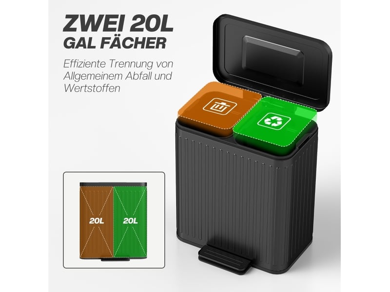  Poubelle de cuisine, 2 x 20 l - bacs, séparation efficace des déchets, pédale, plastique, métal, noir  - Conforama E