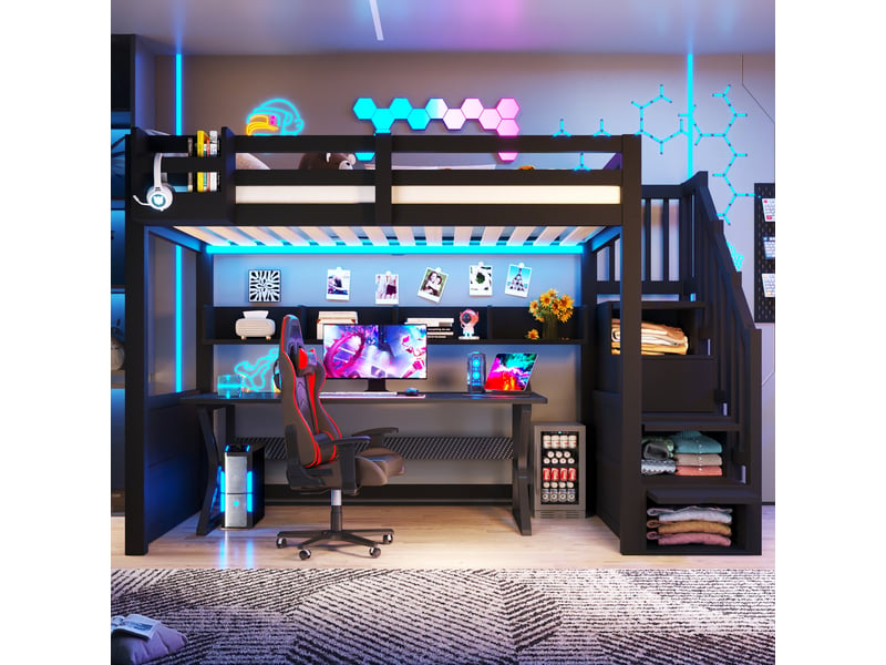 Lit mezzanine 90x200 cm – avec escalier rangement led et 4 compartiments – pin massif et mdf – noir CozyNest - Conforama B