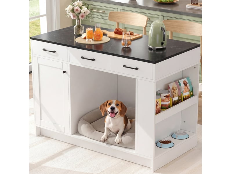  Îlot de cuisine 120x60x90 cm blanc avec 3 tiroirs et étagère à épices  - Conforama B