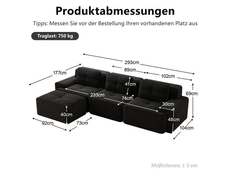  Canapé modulable d'angle 3 places avec ottoman en velours côtelé noir - 293 x 177 x 69 cm  - Conforama E