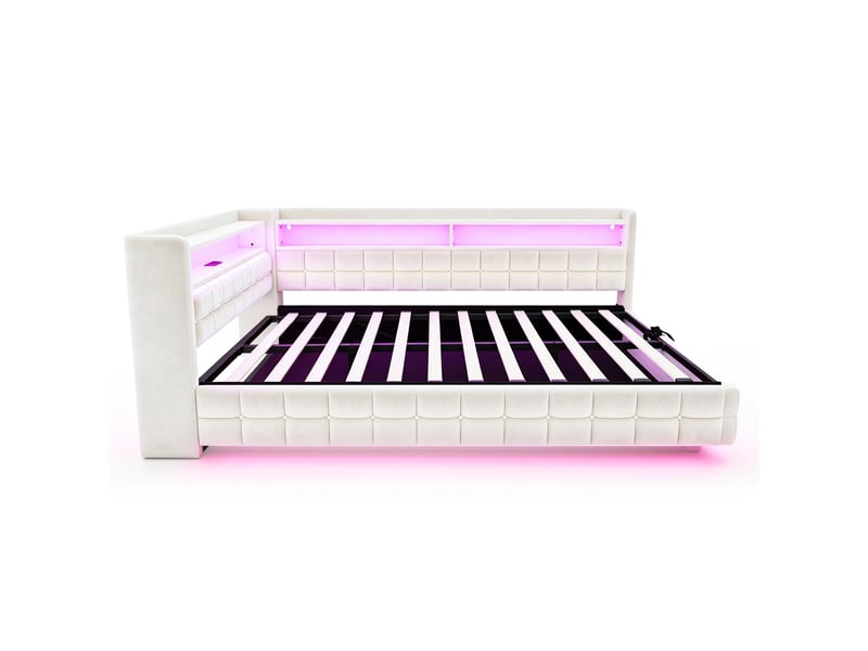  Lit capitonné 140x200 cm beige, led, prises usb type-c, coffre hydraulique et étagère  - Conforama A