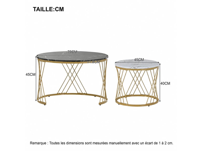  Lot de 2 tables basses gigognes rondes – mdf décor marbre – noir, blanc et structure dorée – ø 7045 cm  - Conforama D