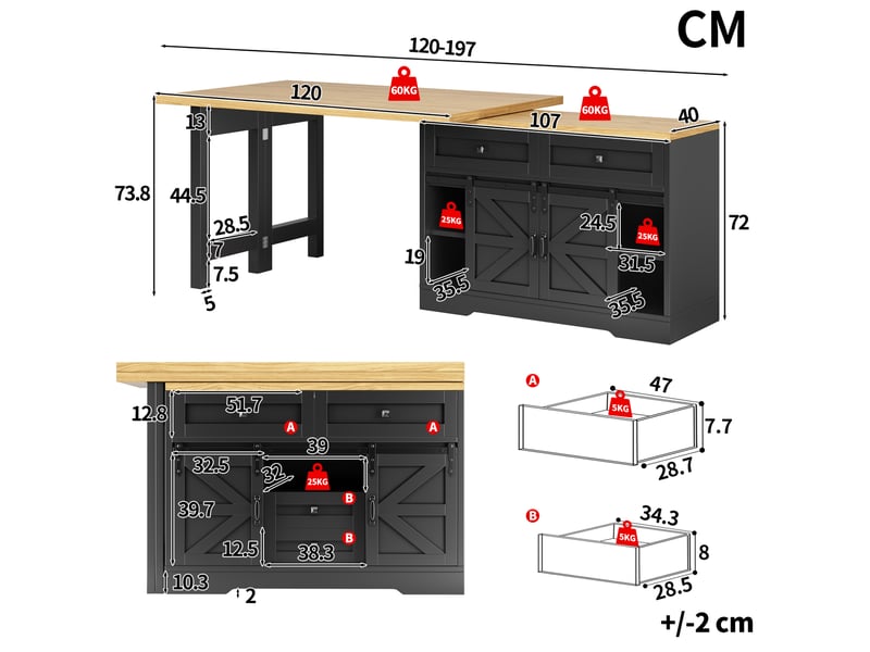  Îlot de cuisine 120x40x72 cm 2-en-1, avec panneau pivotant 360° et table à manger, meuble latéral, mdf, couleur noir  - Conforama C