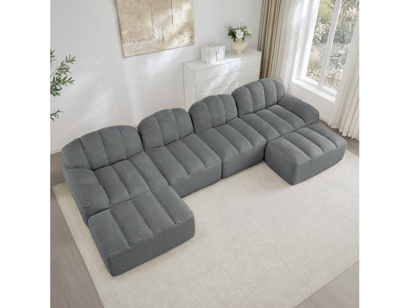  Canapé modulable en u 4 places gris en tissu bouclette, avec 2 ottomans, pour un salon convivial et confortable  - Conforama E