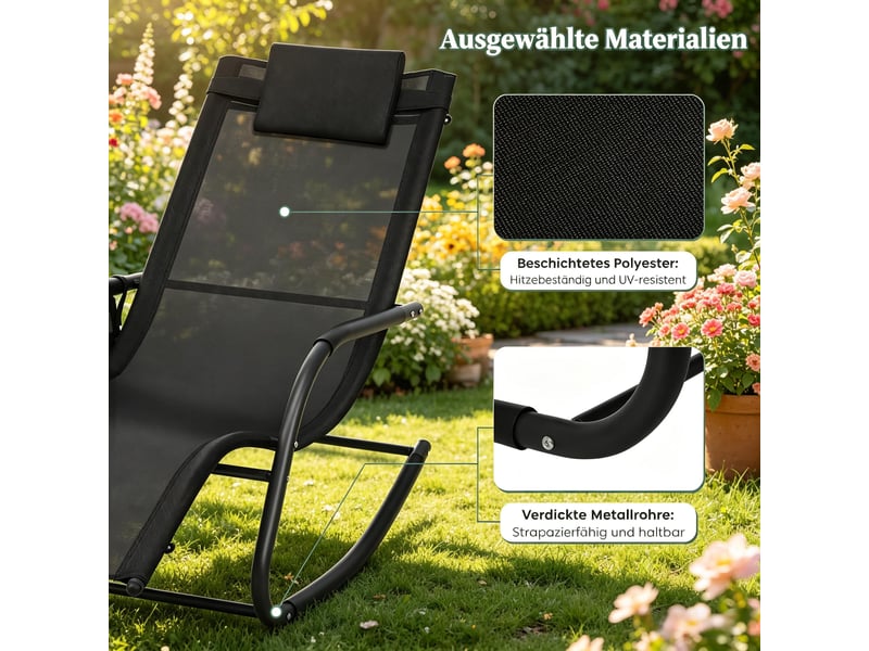  Chaise longue à bascule,152x62x83 cm,avec poche,métal et polyester,noir  - Conforama E