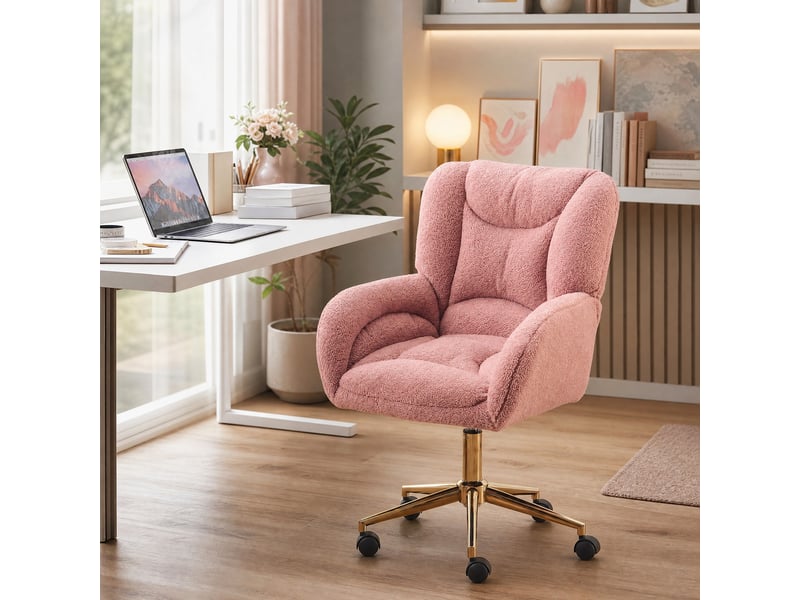  Chaise de bureau réglable rose en tissu teddy, base métal doré et roulettes 360°, idéale pour votre bureau  - Conforama B