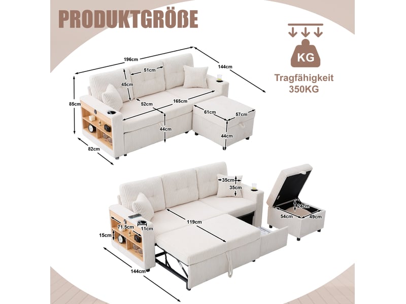 Canapé convertible 3 places modenvie en velours côtelé beige avec rangement, led et usb-c 196 x 82-144 x 85 cm - Conforama C