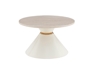 Ensemble 2 tables basses imbriquées – plateaux travertin-mélaminé – pieds métal dorés crème et blanc – gain de place