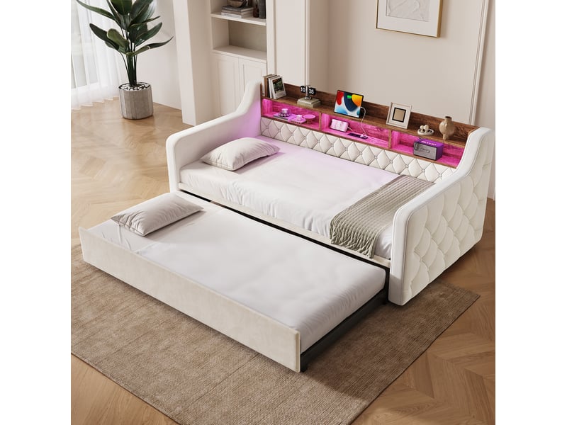  Canapé-lit convertible modenvie 90 x 190 cm en velours beige avec couchage extractible, tête de lit de rangement en bois, led, usb et type-c  - Conforama D