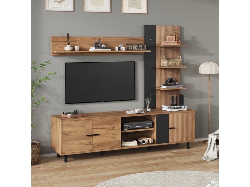  Meuble tv, avec étagères, 187,5 x 40 x 167 cm, en bois, coloris noir, pour salon, solution de rangement fonctionnelle, pour intérieur  - Conforama D