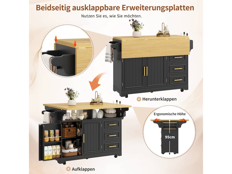 Îlot de cuisine mobile 120x40x95 cm avec plateau extensible, rangement, tiroirs, portes à motifs verticaux et table repas escamotable - noir - Conforama E