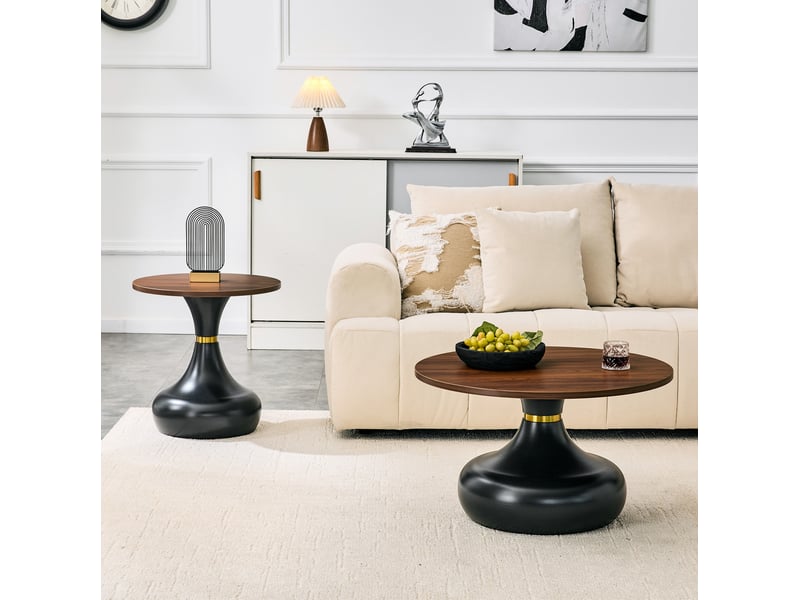  Lot de 2 tables basses gigognes ø70x42 cm et ø50x51.5 cm en métal noir et mélaminé noyer  - Conforama D