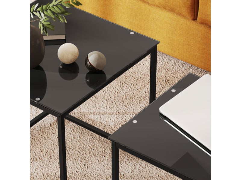  Lot de 2 tables d’appoint carrées en acier noir avec plateau en verre pour salon  - Conforama E