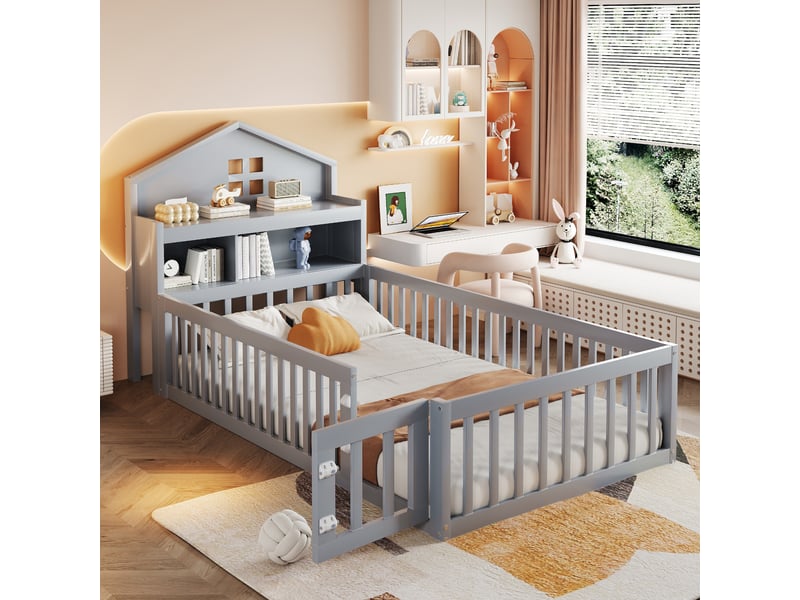  Lit enfant 90x200 cm avec étagère, tableau noir, garde-corps et sommier, forme de maison, bois gris, sans matelas  - Conforama W