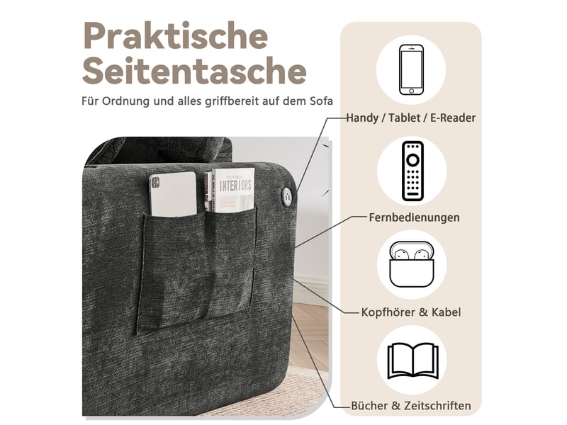  Canapé droit 2 places en tissu chenille noir avec rangement latéral et porte-gobelet intégré pour salon moderne  - Conforama E