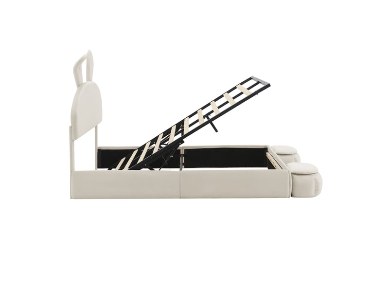  Lit capitonné, lit double, lit hydraulique, oreilles de lapin avec bandes lumineuses à luminosité réglable et couleur chaude, espace de rangement sous le lit, deux tabourets de rangement, velours, beige, 140 x 200 cm  - Conforama E