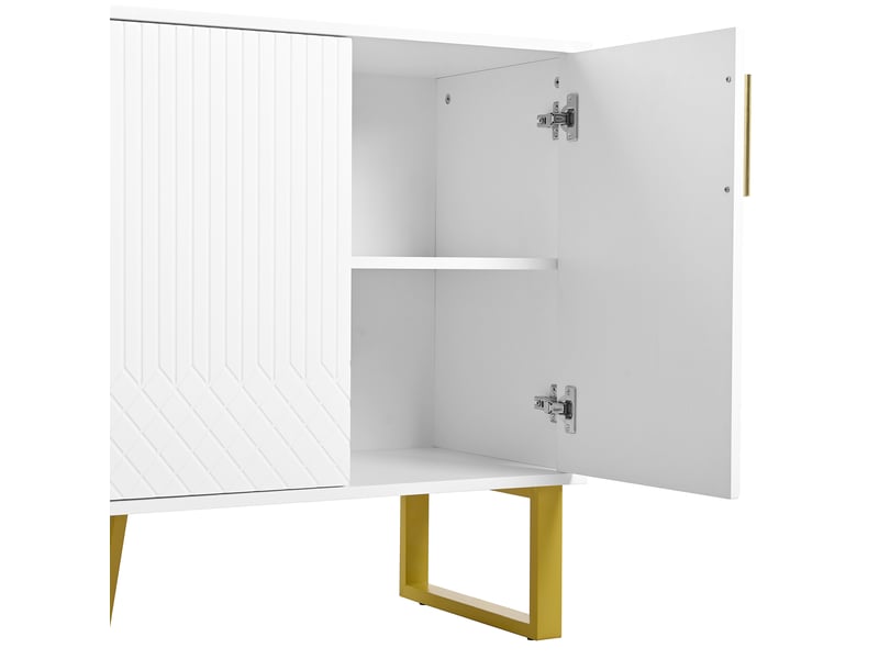  Buffet blanc 4 portes haut gloss, meuble rangement cuisine moderne avec pieds métal et poignées élégantes, design géométrique contemporain  - Conforama D