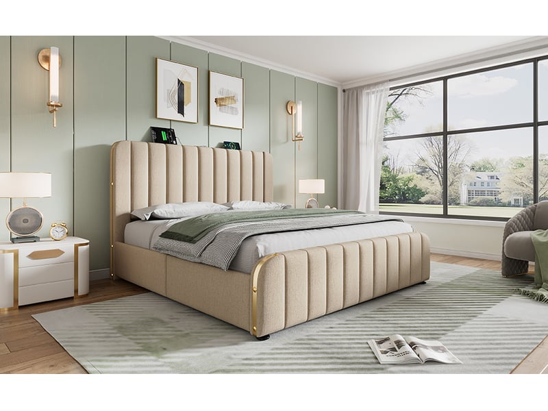  Lit double 160x200 cm en lin beige, tête de lit capitonnée, finition dorée, 4 tiroirs, ports usb-c, sans matelas  - Conforama B