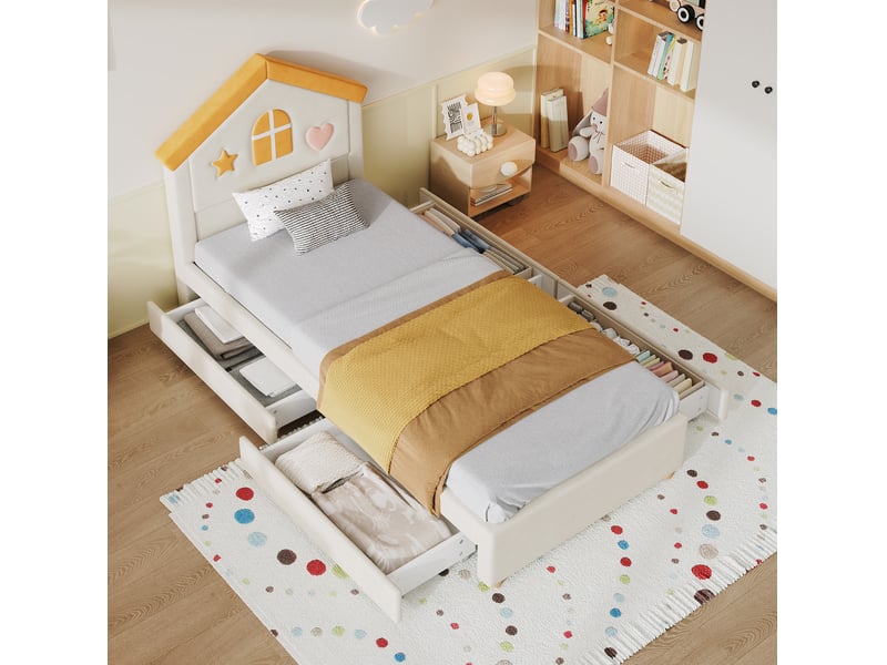 Lit enfant 90 × 200 cm avec 4 tiroirs, tête de lit maison rembourrée en velours français beige pour chambre enfant - Conforama B