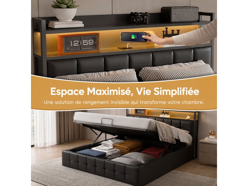  Lit coffre 160 x 200 cm avec sommier, lit double rembourré ,hydraulique, led,usb et de type c, lit 2 personnes, pu, noir  - Conforama E
