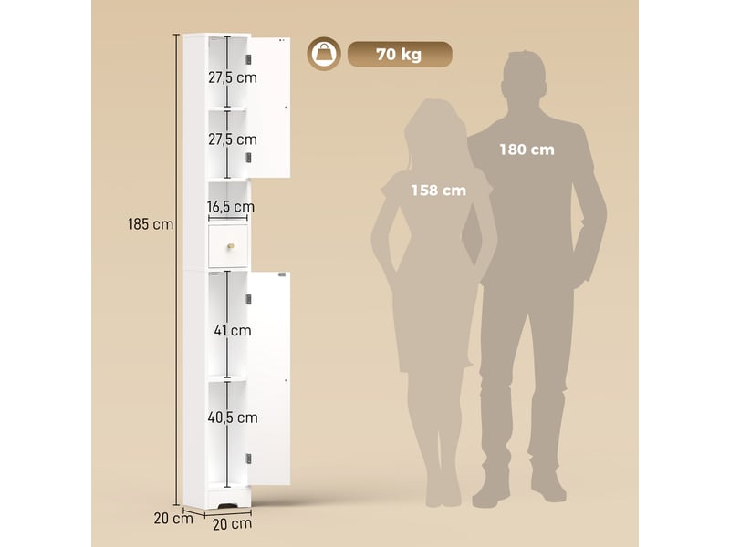 Meuble de salle de bain étroit avec tiroir, portes cintrées, compartiment ouvert, étagère réglable, 20 x 20 x 185 cm, blanc  - Conforama E