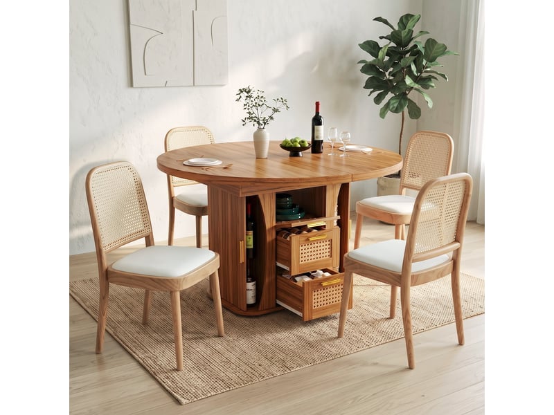  Ensemble table à manger extensible 118-158 cm + 6 chaises en bois massif, dossier rotin, mdf aspect bois, tiroirs en rotin, assise lin  - Conforama D