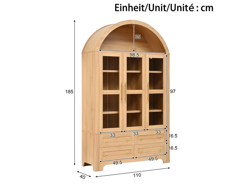 Vaisselier de rangement 110 x 40 x 185 cm – naturel – 3 portes vitrées, 4 tiroirs et niche arche - Conforama C