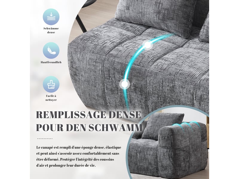  Canapé droit 2 places en chenille grise 158 x 90 x 60 cm, avec coussin et poches latérales, pour salon 158x90x60cm - Conforama R